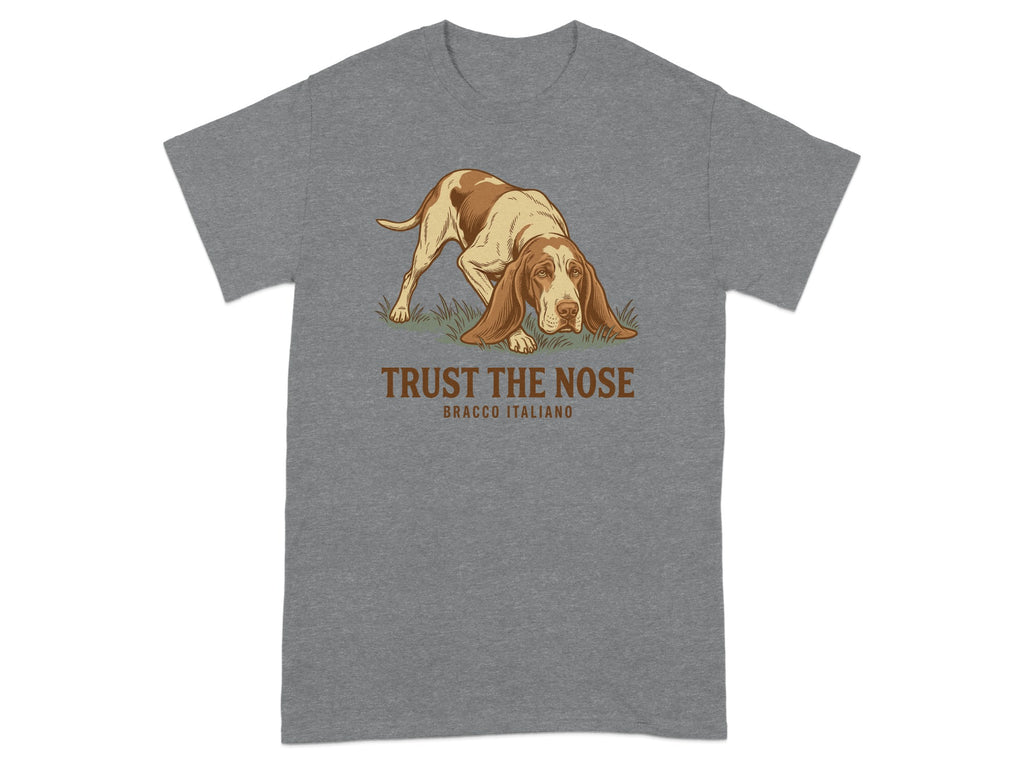 Bracco Italiano dog illustration with "TRUST THE NOSE" text on t-shirt.
