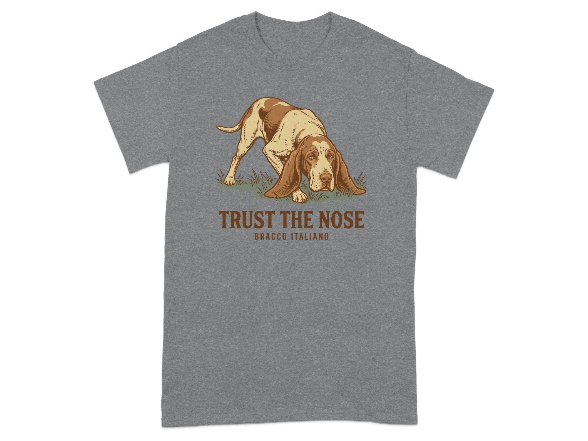 Bracco Italiano dog illustration with "TRUST THE NOSE" text on t-shirt.