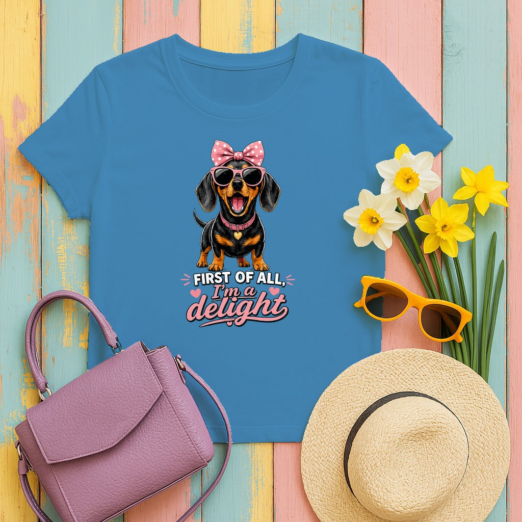The 'I'm A Delight' Dachshund Graphic T-Shirt in Heather Sapphire