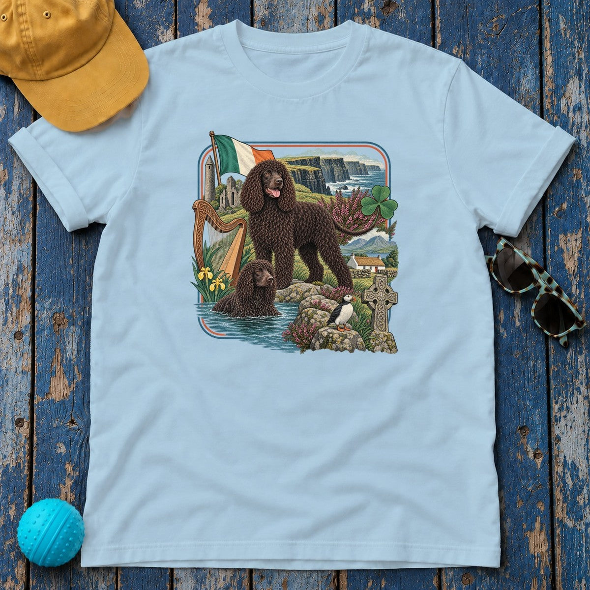Irish Water Spaniel Ireland Heritage T-Shirt in Light Blue