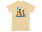 Three cartoon dogs sit together on a blue platform.