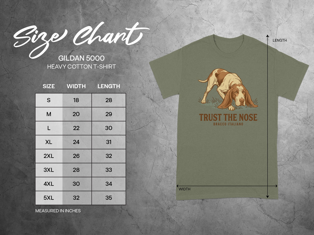 Gildan 5000 size chart for heavy cotton t-shirt with Bracco Italiano graphic.