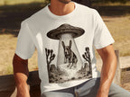 Basset hound being abducted by a UFO in a desert landscape.