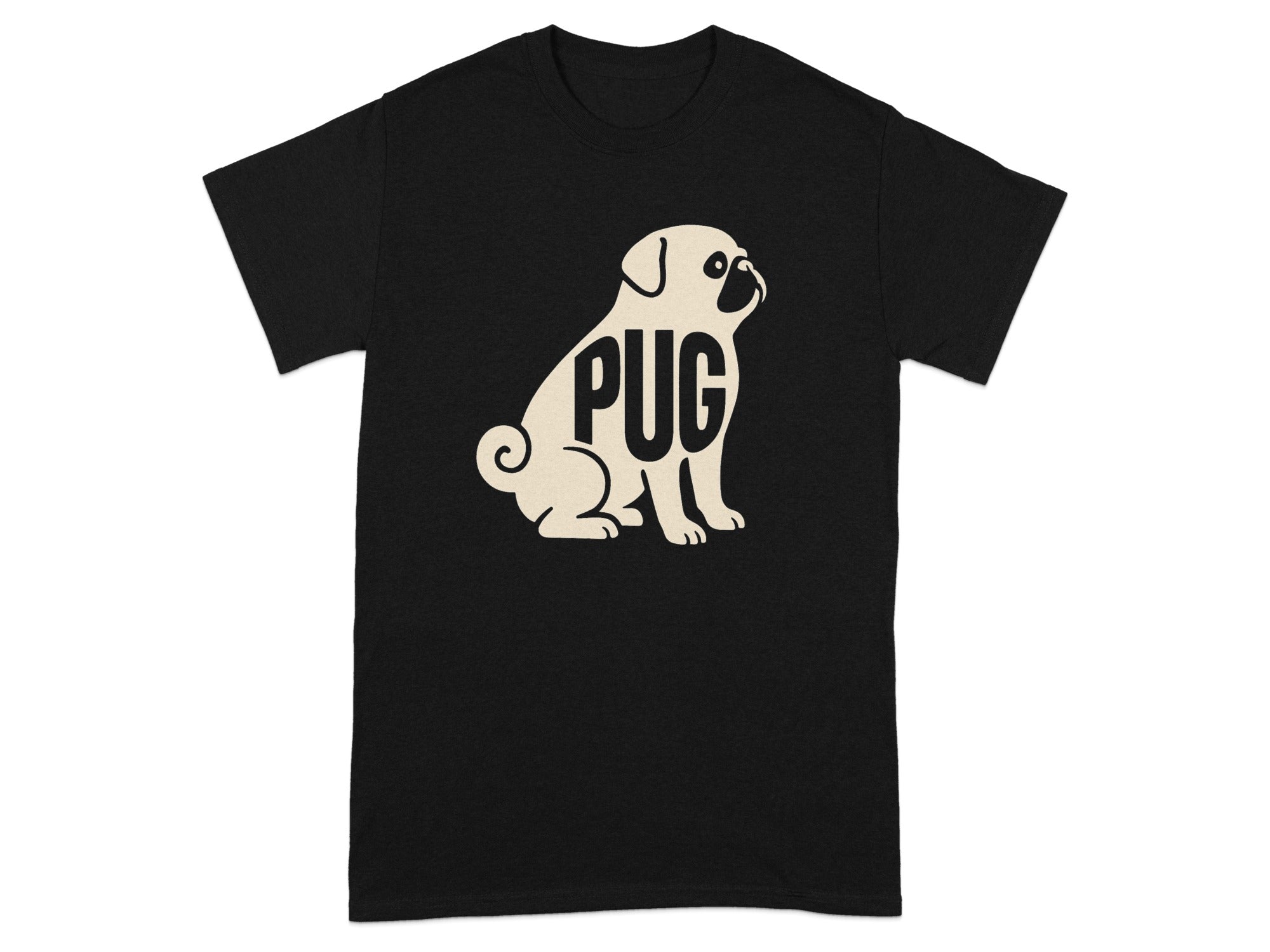 Black t-shirt with outline of a pug and the word "PUG" across its body.