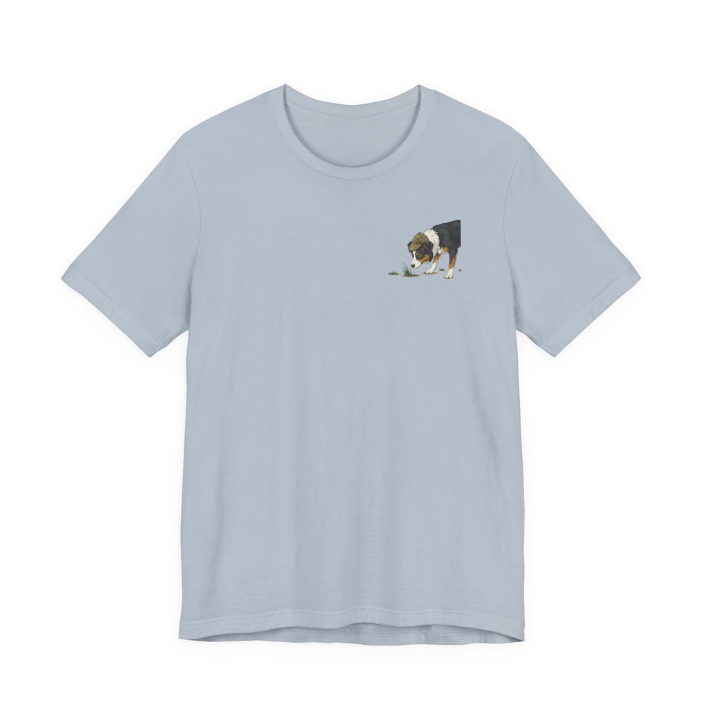 Every Walk Is An Investigation Australian Shepherd Back Print Tee in Light Blue, front pocket