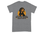 T-shirt with illustration of a black and tan dog and text "SELECTIVE HEARING SINCE BIRTH".
