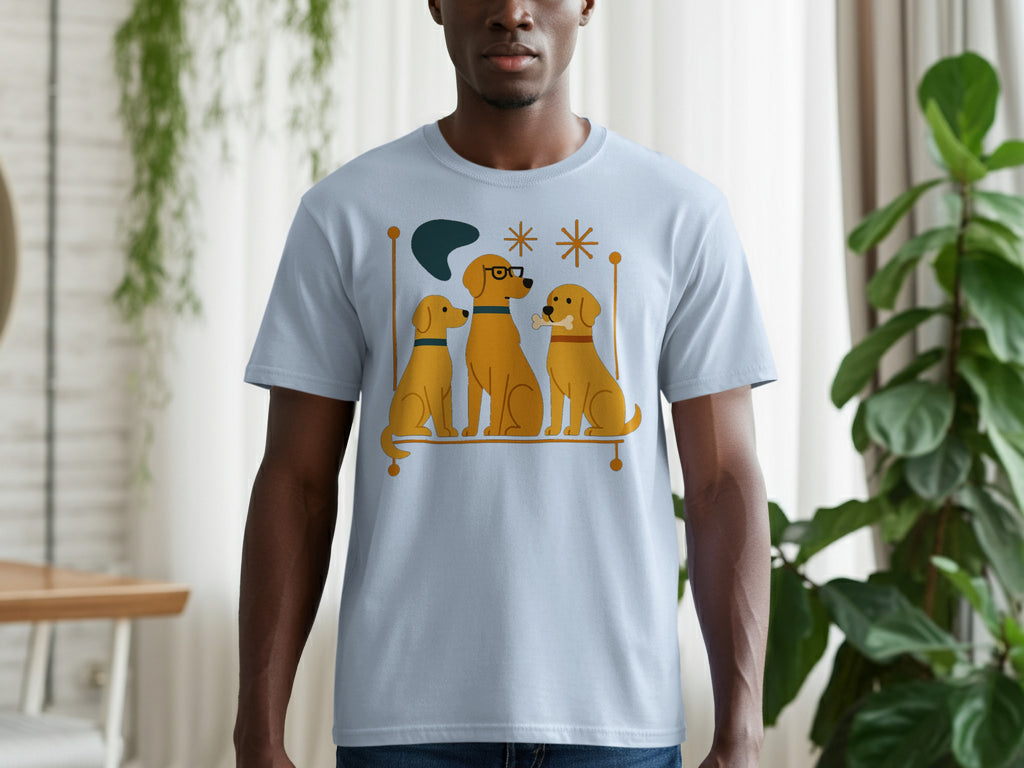 Light blue t-shirt with a graphic of three gold dogs and abstract shapes.