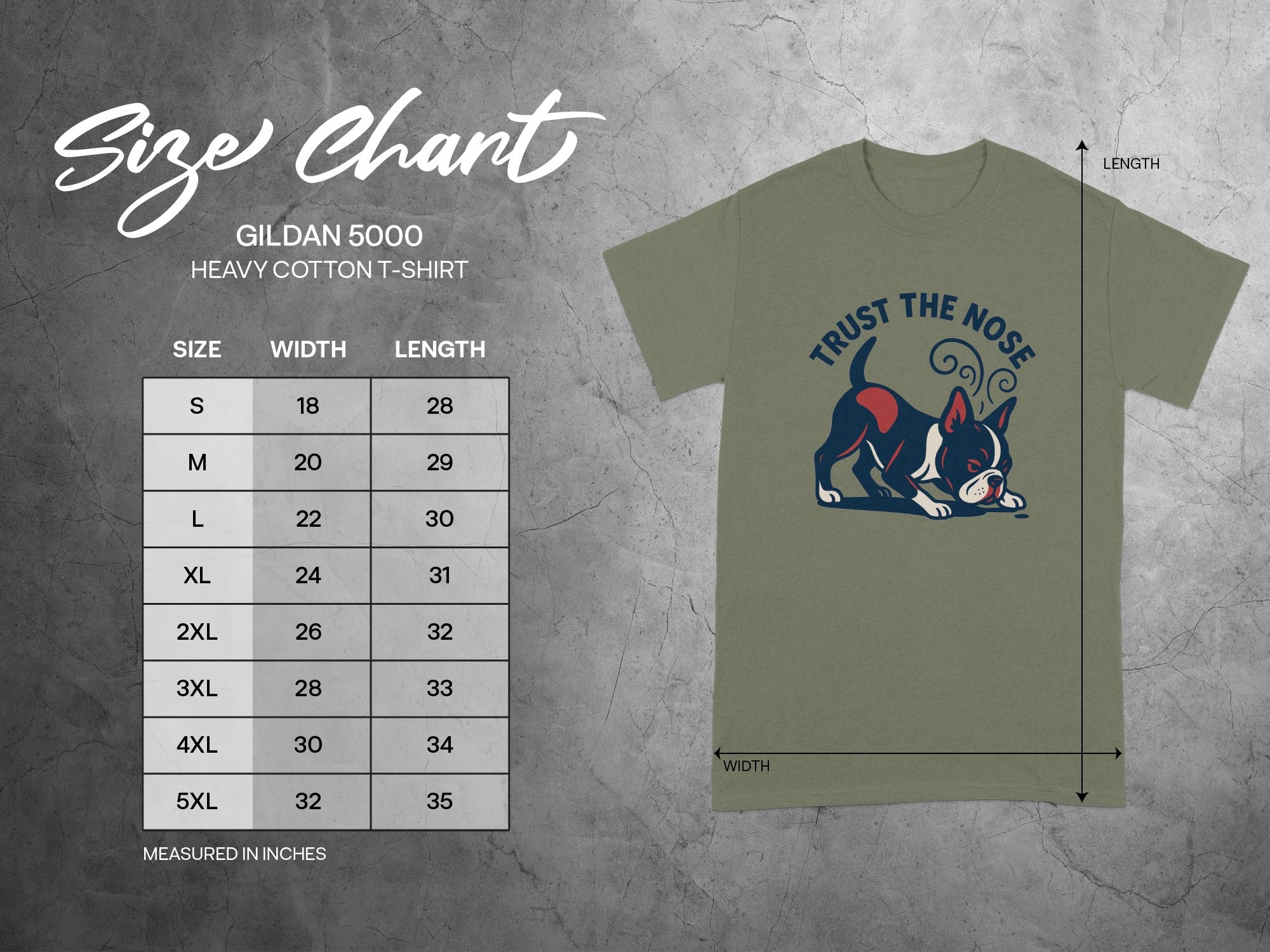 Gildan 5000 t-shirt size chart with width and length measurements in inches.
