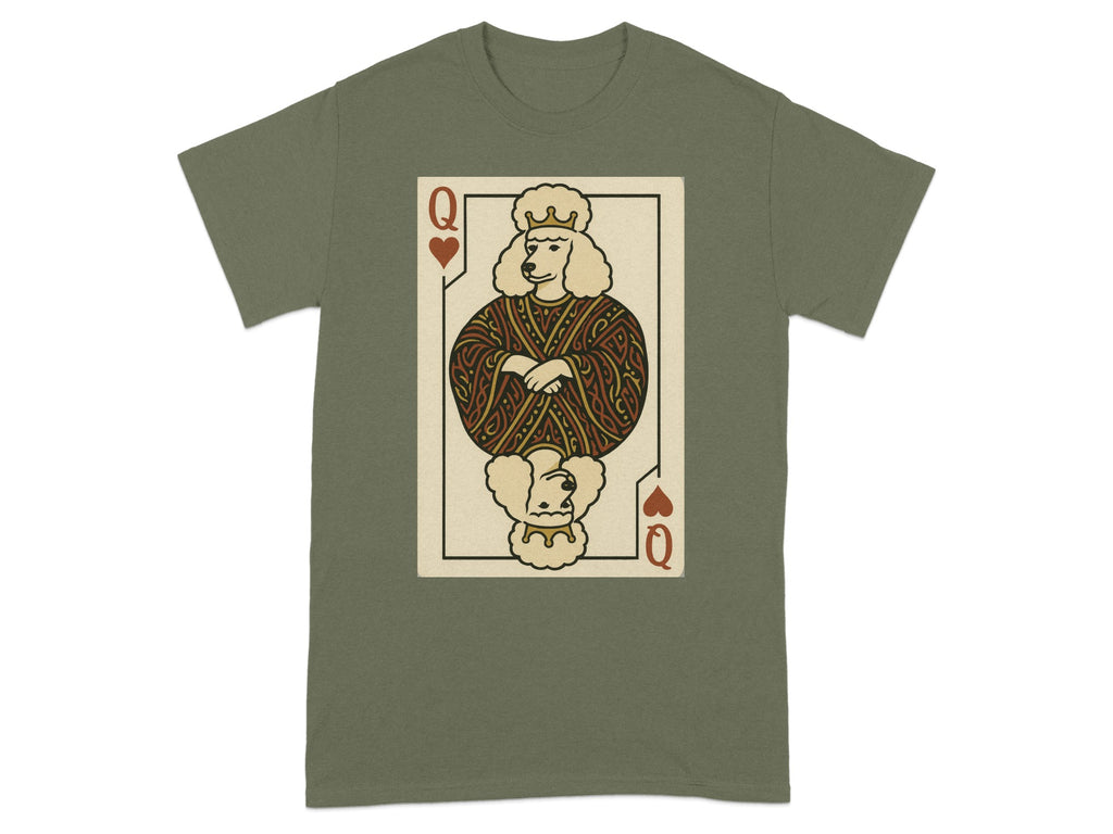 Queen of Hearts playing card with a poodle's head on a green t-shirt.