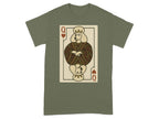 Queen of Hearts playing card with a poodle's head on a green t-shirt.