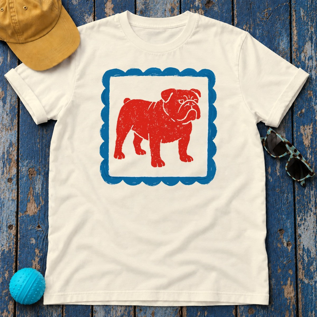Red Bulldog on Blue Border Doodle Drawing Art T-Shirt in Natural