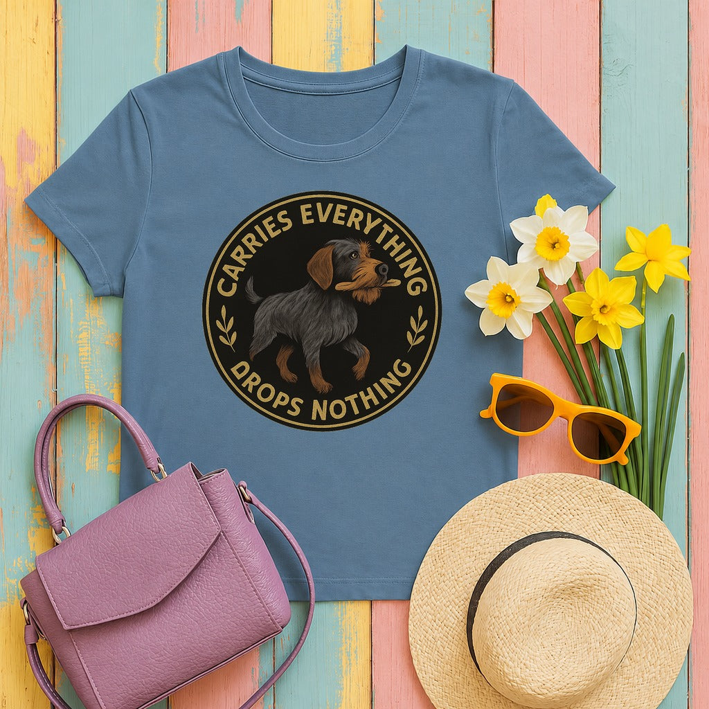 Wirehaired Pointing Griffon Carries Everything Drops Nothing T-shirt in Steel Blue