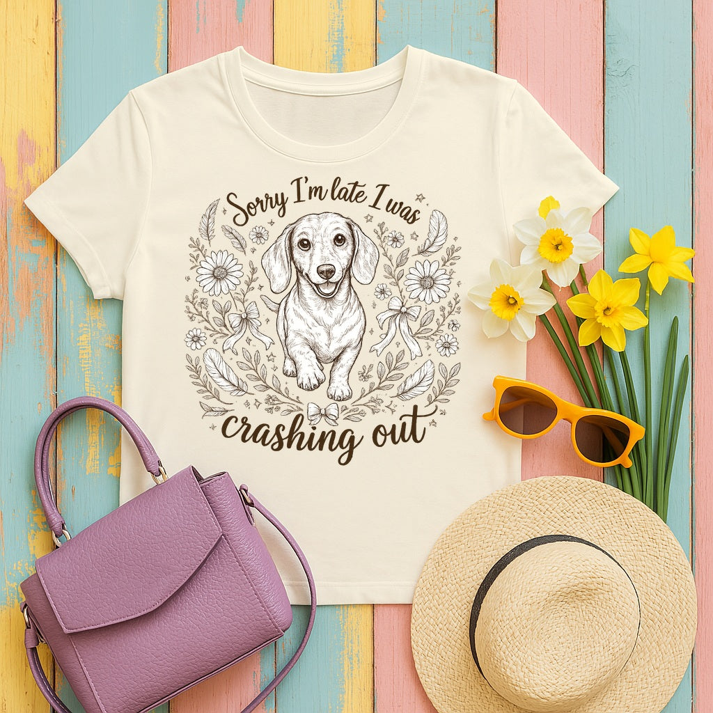 Whimsical Dachshund 'Crashing Out' T-Shirt in Natural
