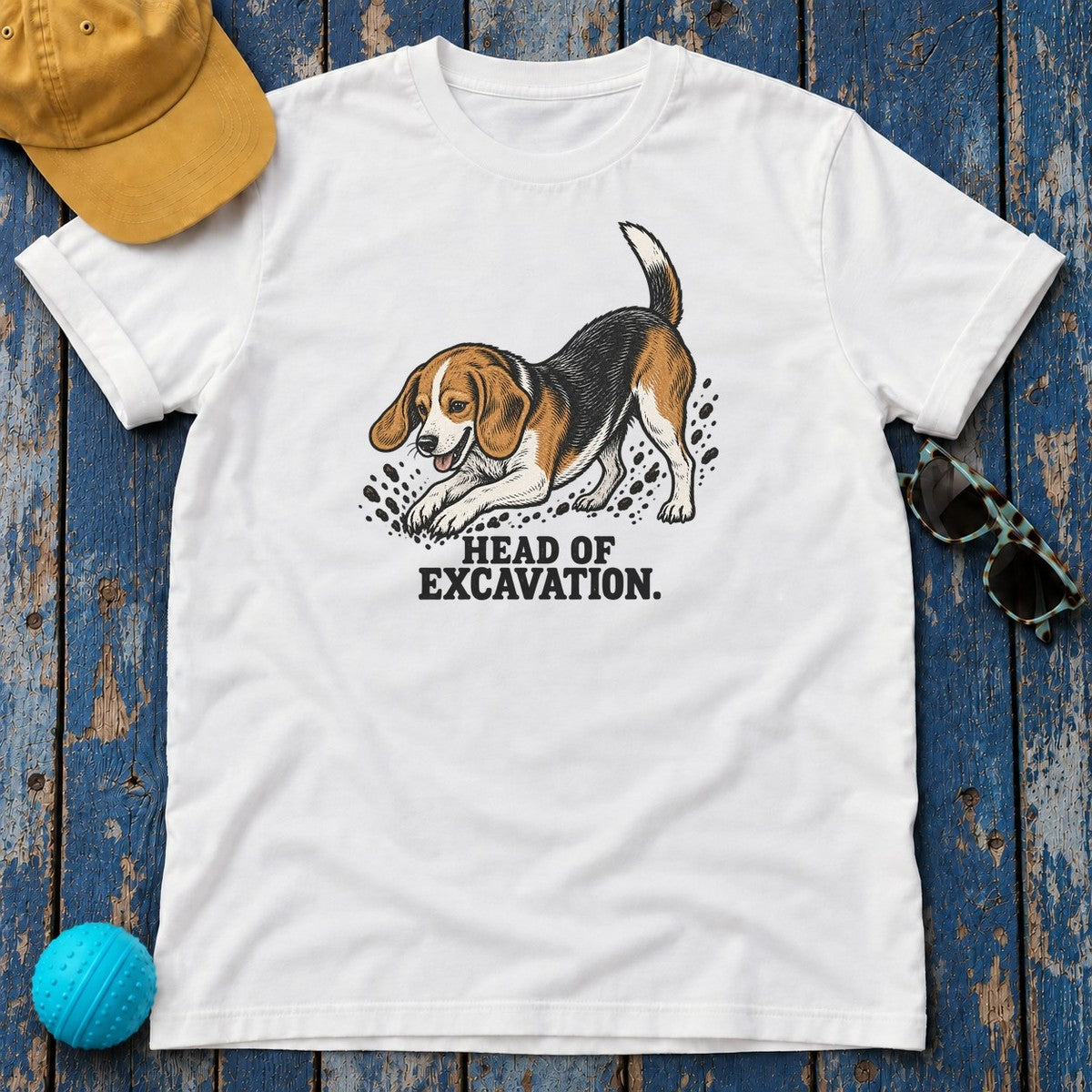 Head of Excavation Beagle T-Shirt in White - flat lay