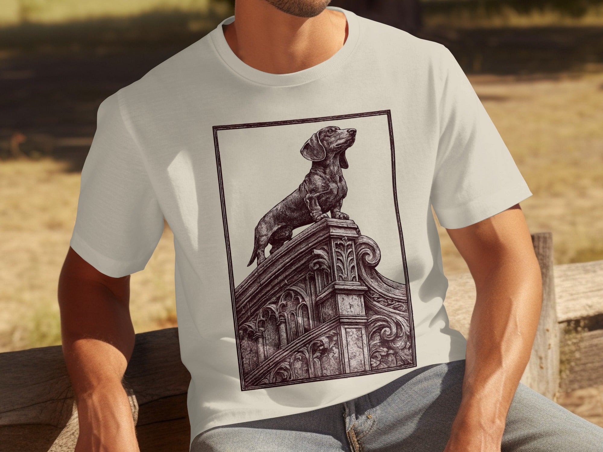 T-shirt with a detailed drawing of a dachshund on ornate architecture.
