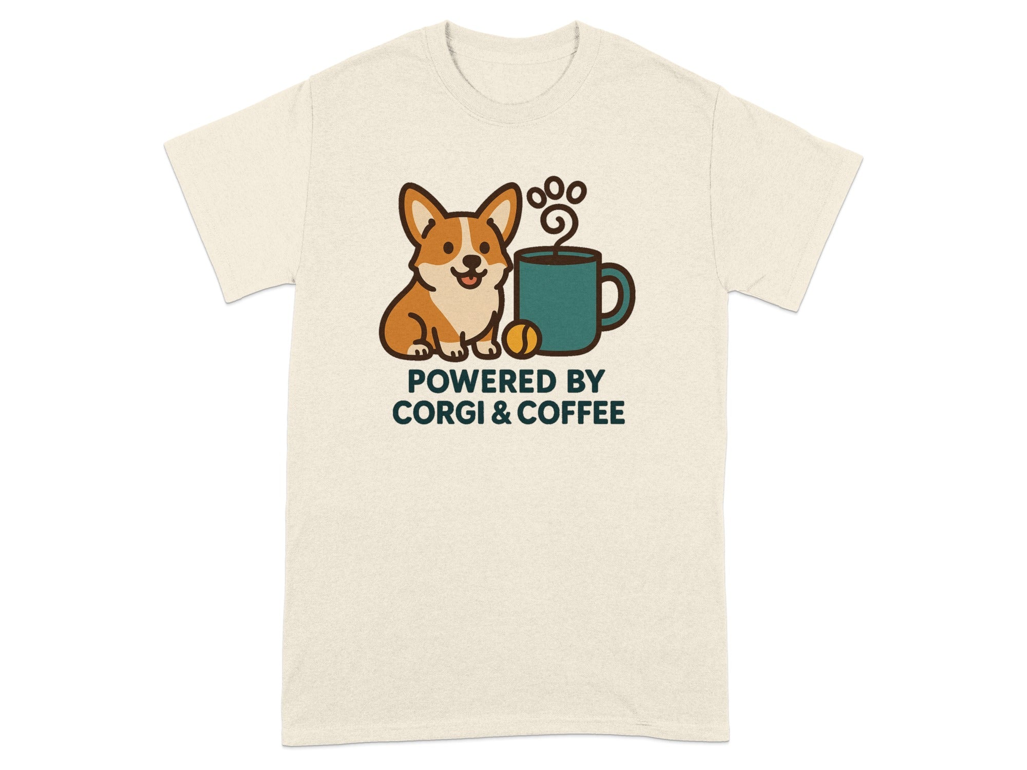 Cream t-shirt with a corgi and coffee mug illustration and text.