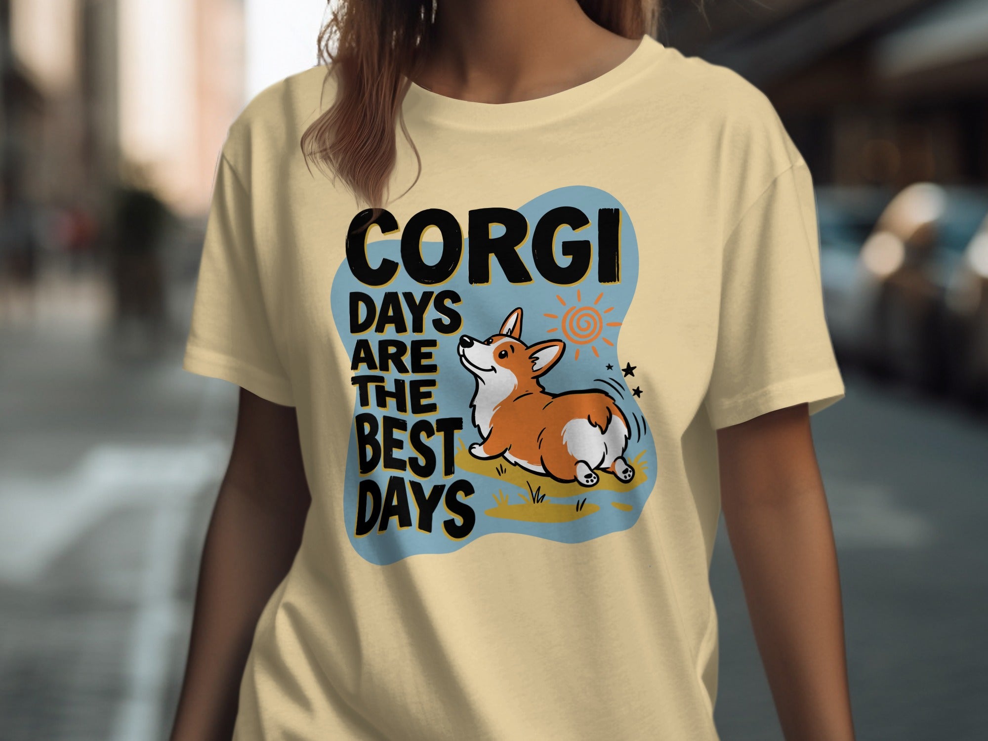 Light yellow t-shirt with a corgi graphic and text "CORGI DAYS ARE THE BEST DAYS".
