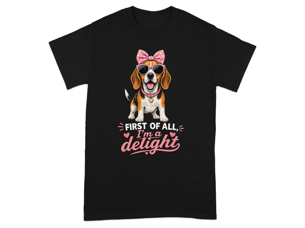 Black t-shirt with a beagle wearing sunglasses and a pink bow, "I'm a delight".