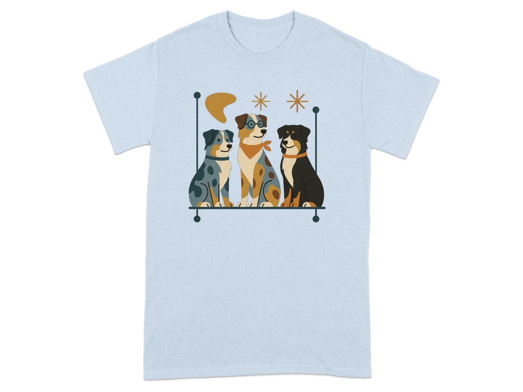 Illustration of three dogs sitting in front of a stylized backdrop with abstract shapes.