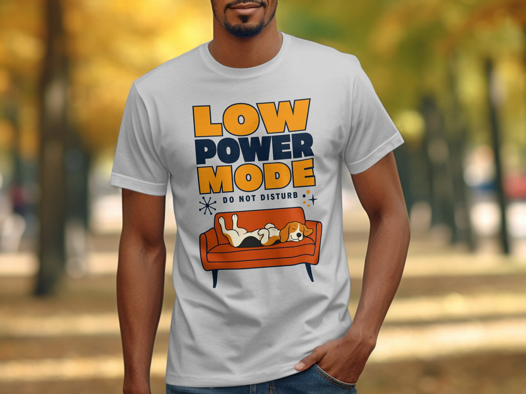 White t-shirt with "Low Power Mode Do Not Disturb" and a dog on an orange couch.