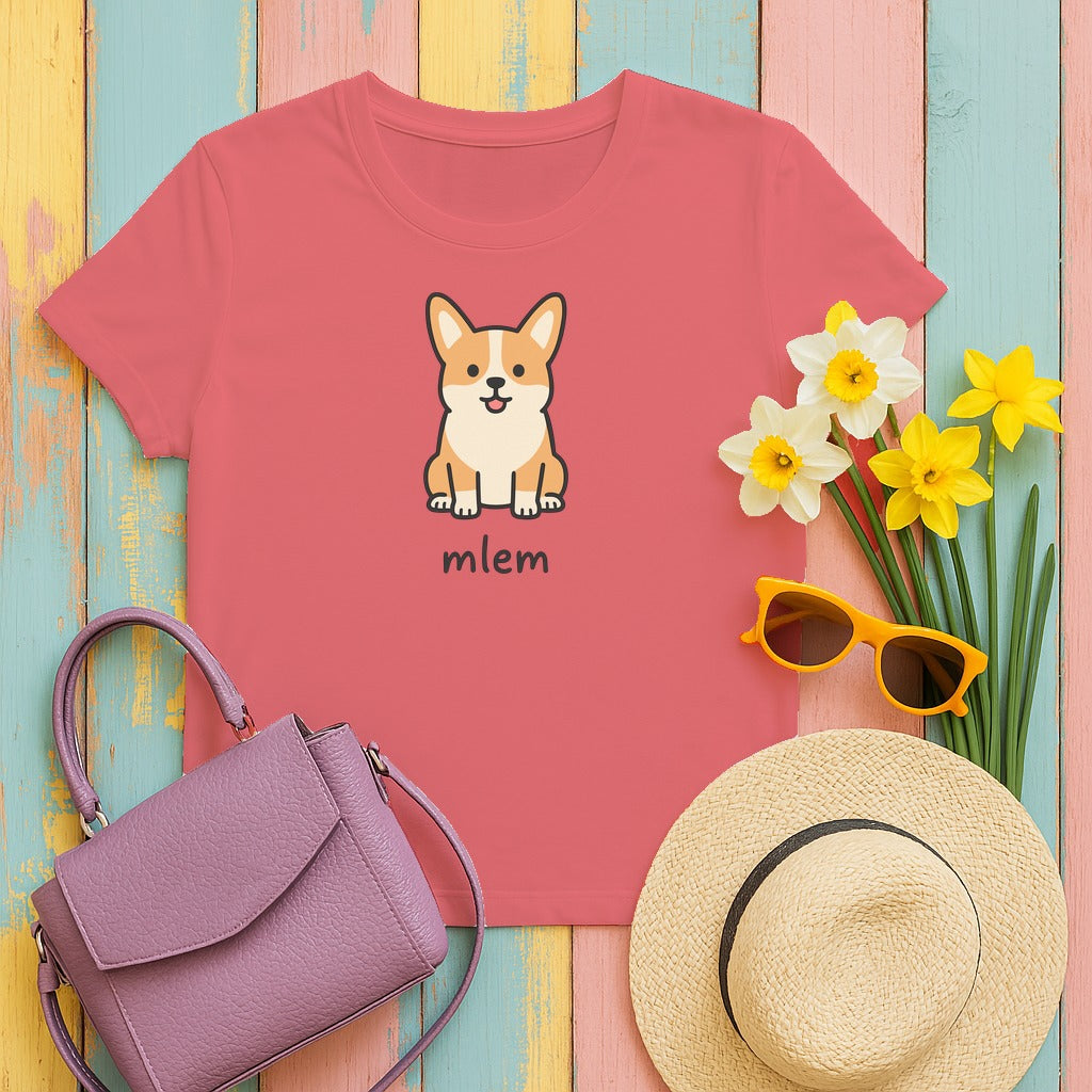 Cute Cartoon Corgi Mlem Funny Dog T-Shirt in Coral Silk