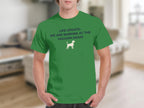Green t-shirt with "LIFE UPDATE: WE ARE BARKING AT THE VACUUM AGAIN" and a dog icon.