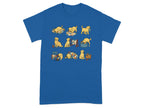 Illustration of nine golden retriever puppies engaged in various sewing-related activities.