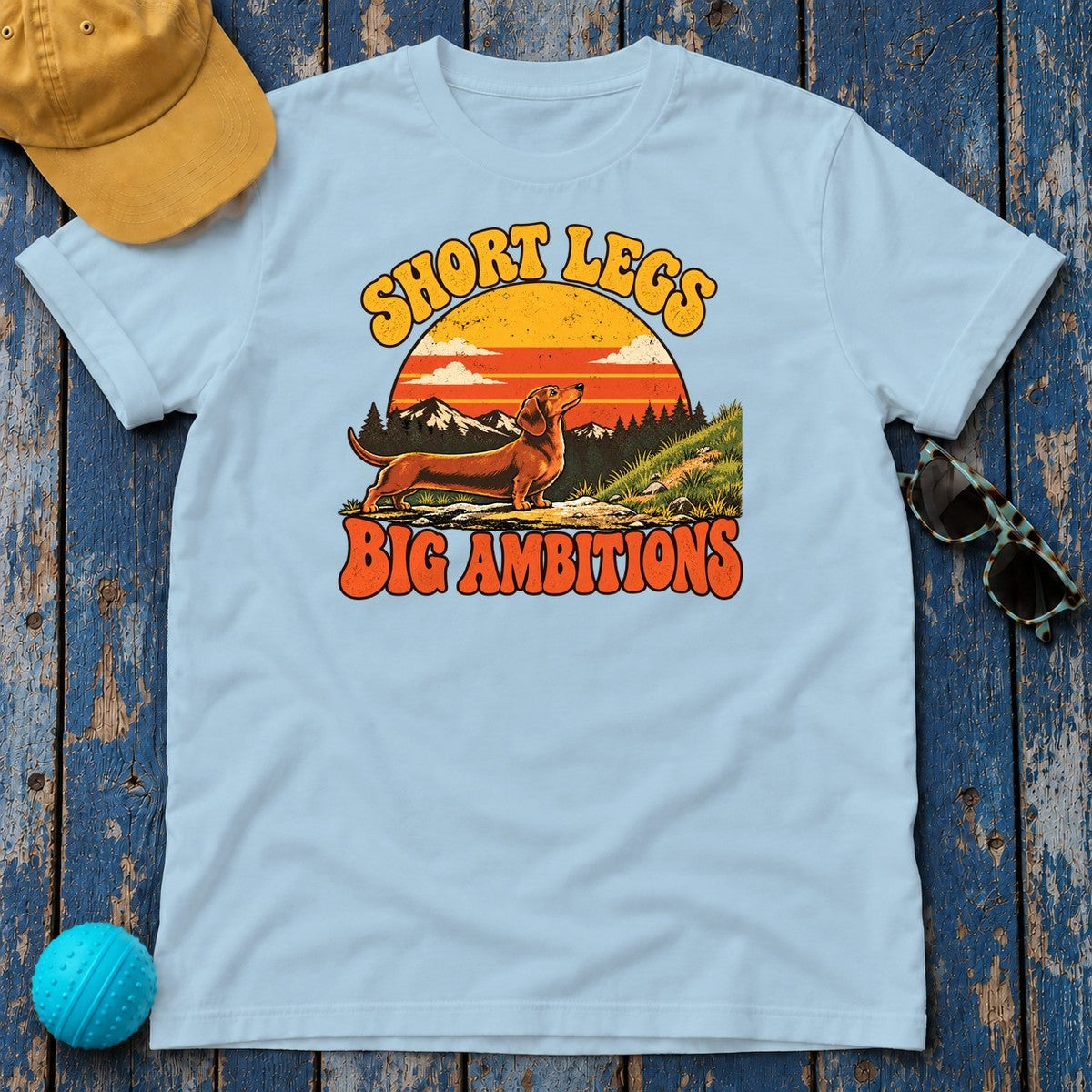 Short Legs Big Ambitions Dachshund T-Shirt in Light Blue - flat lay
