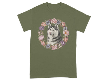 Husky and Floral Wreath Graphic Print T-Shirt product