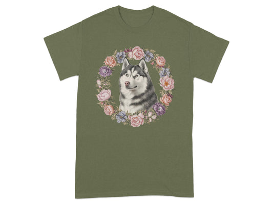 Husky and Floral Wreath Graphic Print T-Shirt product