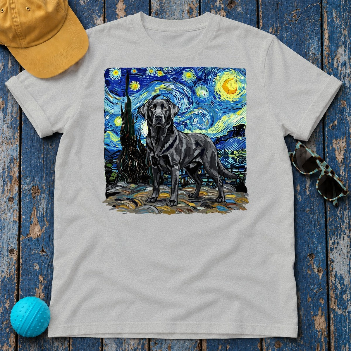 Black Labrador Dog in Starry Night Landscape T-Shirt in Sport Grey