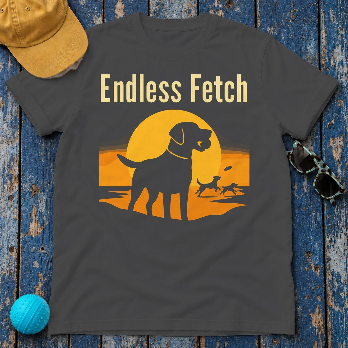 Endless Fetch with Labs Sunset Scene Graphic Design T-Shirt in Dark Heather