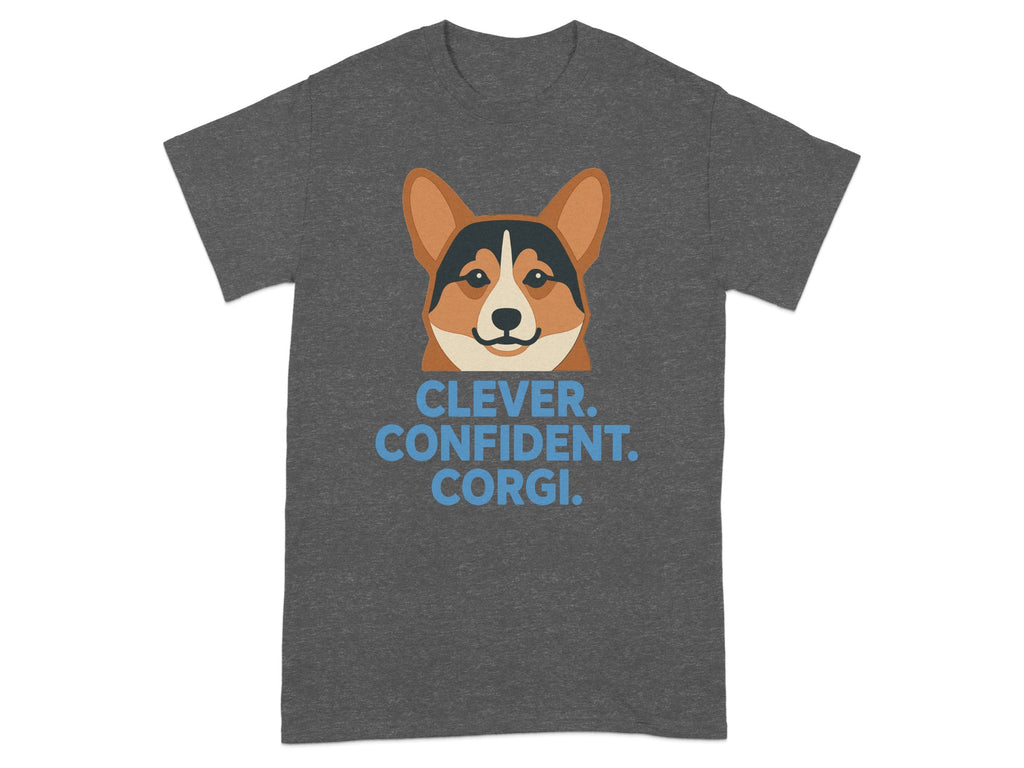 Dark gray t-shirt with a corgi illustration and "CLEVER. CONFIDENT. CORGI." text.