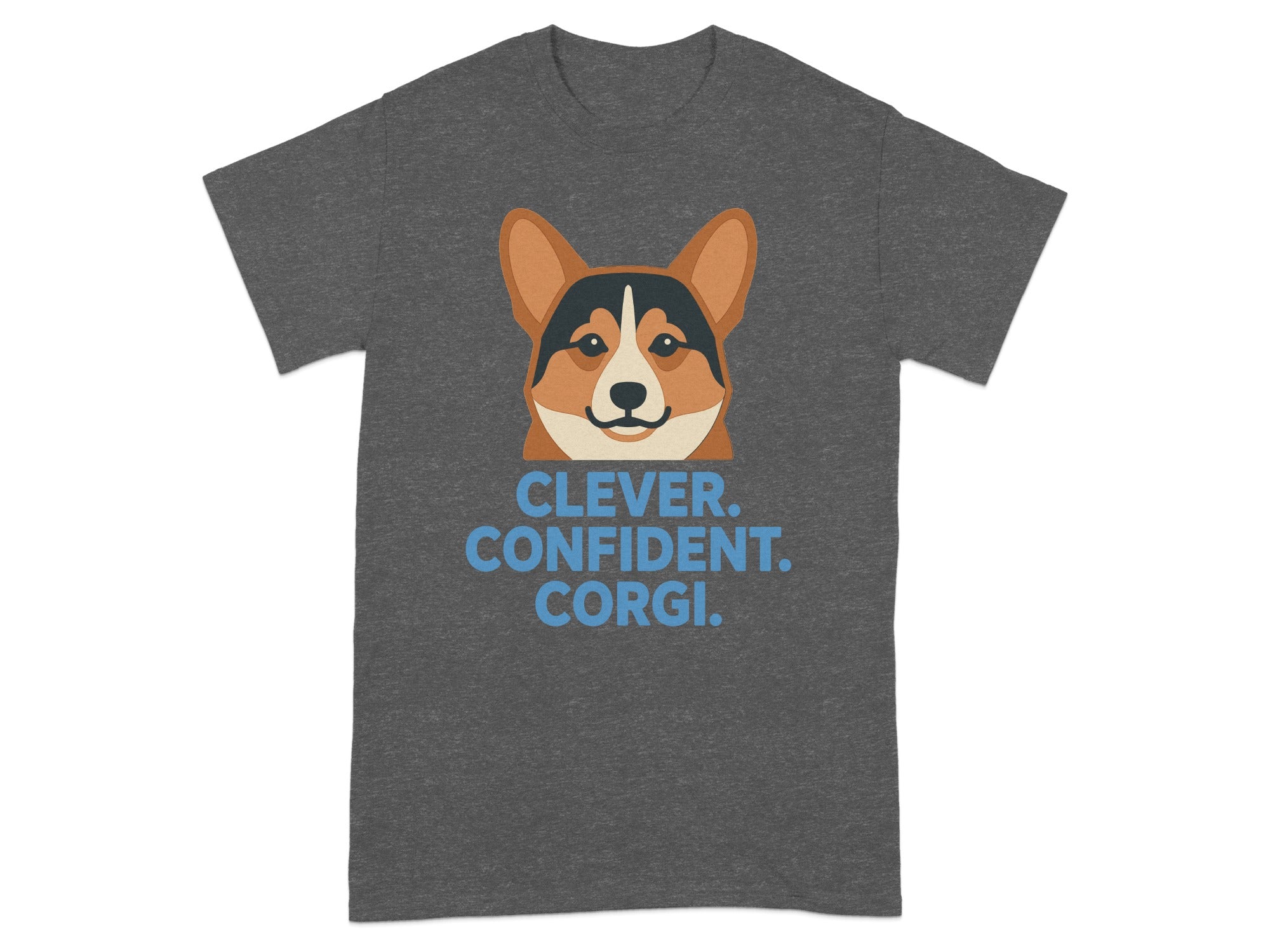 Dark gray t-shirt with a corgi illustration and "CLEVER. CONFIDENT. CORGI." text.