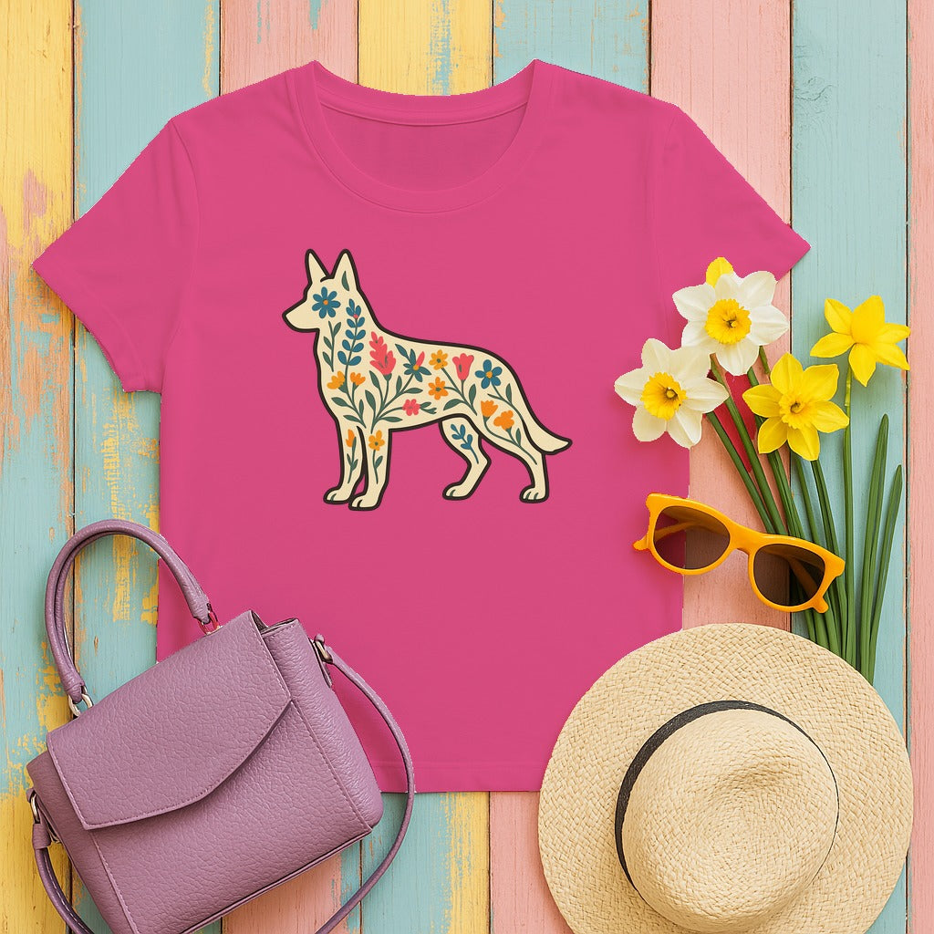 Floral German Shepherd T-Shirt in Heliconia