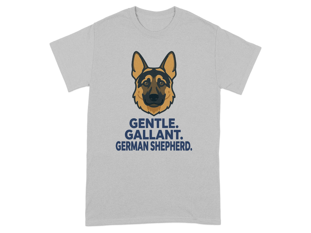 Grey t-shirt with German Shepherd graphic and text "GENTLE. GALLANT. GERMAN SHEPHERD."
