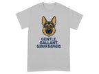 Grey t-shirt with German Shepherd graphic and text "GENTLE. GALLANT. GERMAN SHEPHERD."