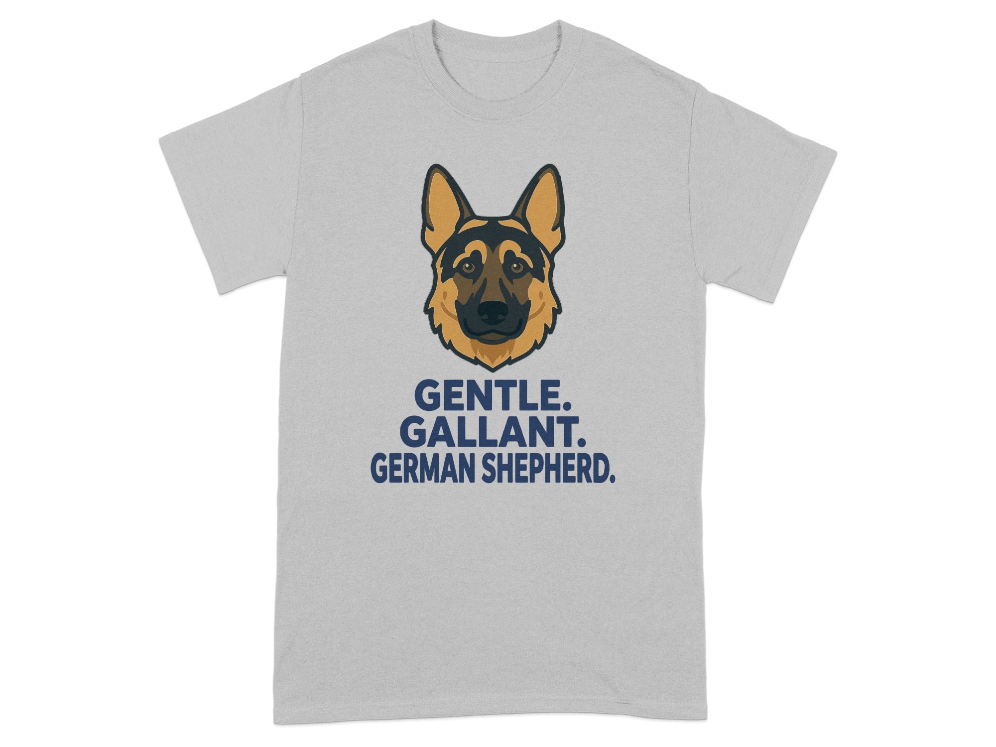 Grey t-shirt with German Shepherd graphic and text "GENTLE. GALLANT. GERMAN SHEPHERD."