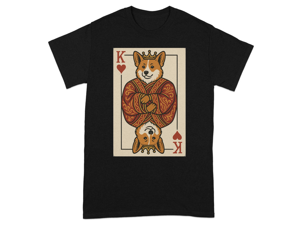 Black t-shirt with king playing card design featuring two corgis.
