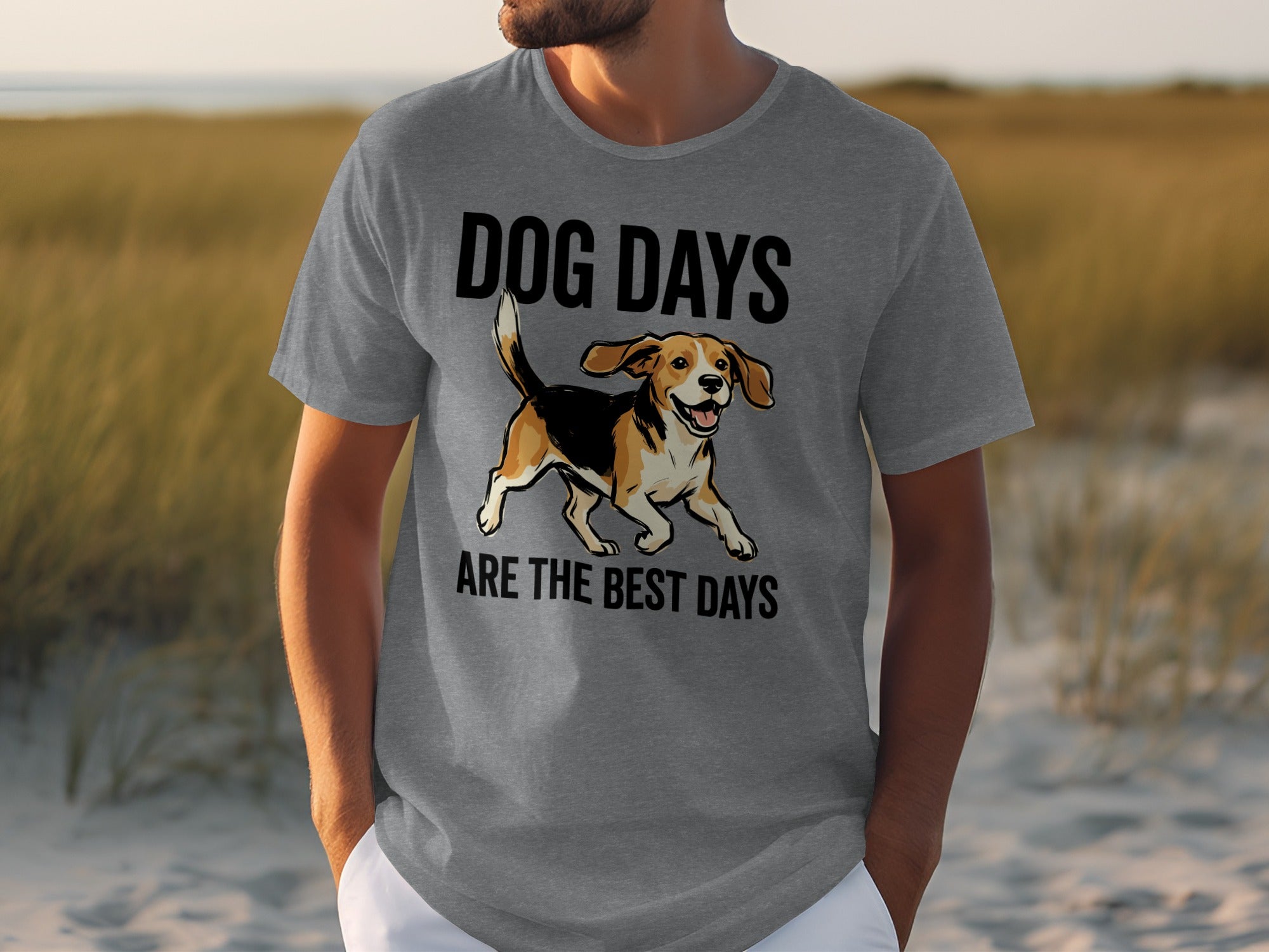Grey t-shirt with "DOG DAYS ARE THE BEST DAYS" text and a beagle dog illustration.