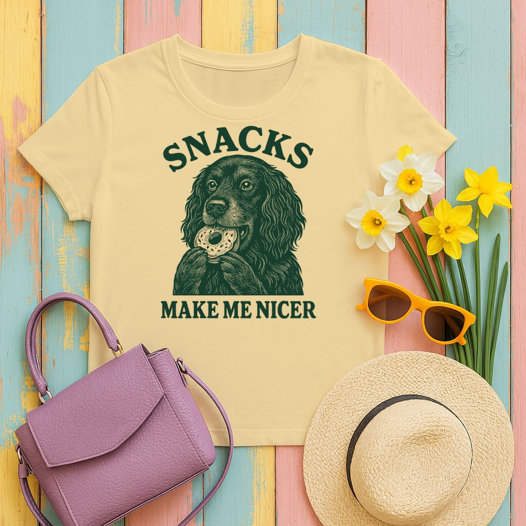 Snacks Make Me Nicer Gordon Setter with Donut Funny Foodie T-Shirt in Yellow Haze
