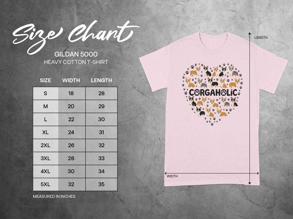 Gildan 5000 size chart with dog print t-shirt.