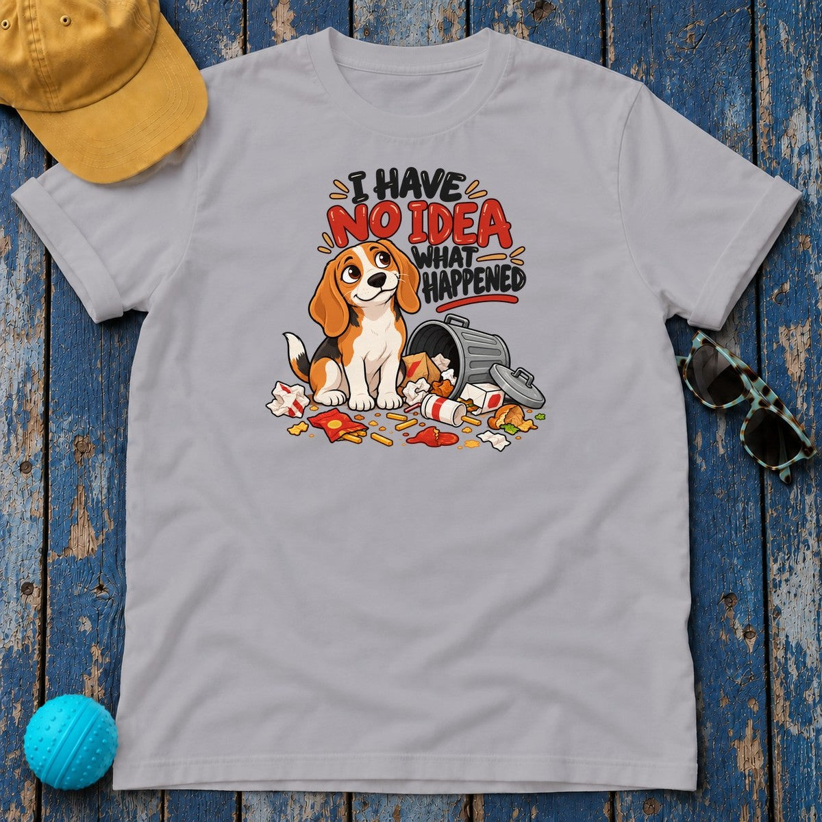 I Have No Idea What Happened Beagle T-Shirt in Athletic Heather - flat lay
