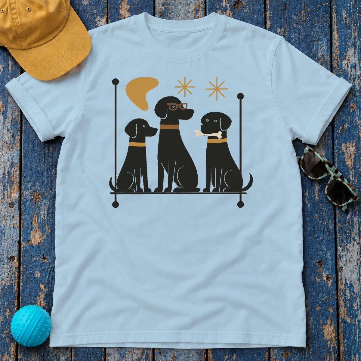 Mid-Century Black Labrador Retriever T-Shirt in Light Blue