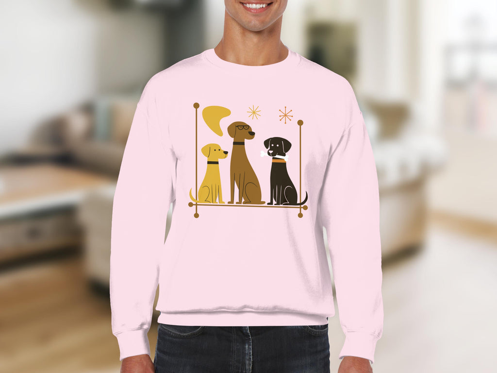 Three cartoon dogs sit on a bench in front of a light pink background.