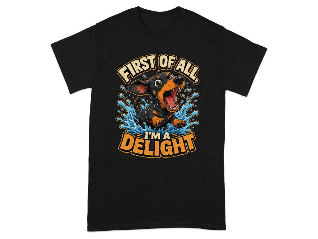 Black t-shirt with a cartoon dachshund swimming and text "FIRST OF ALL, I'M A DELIGHT".