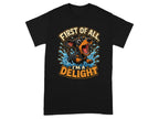 Black t-shirt with a cartoon dachshund swimming and text "FIRST OF ALL, I'M A DELIGHT".
