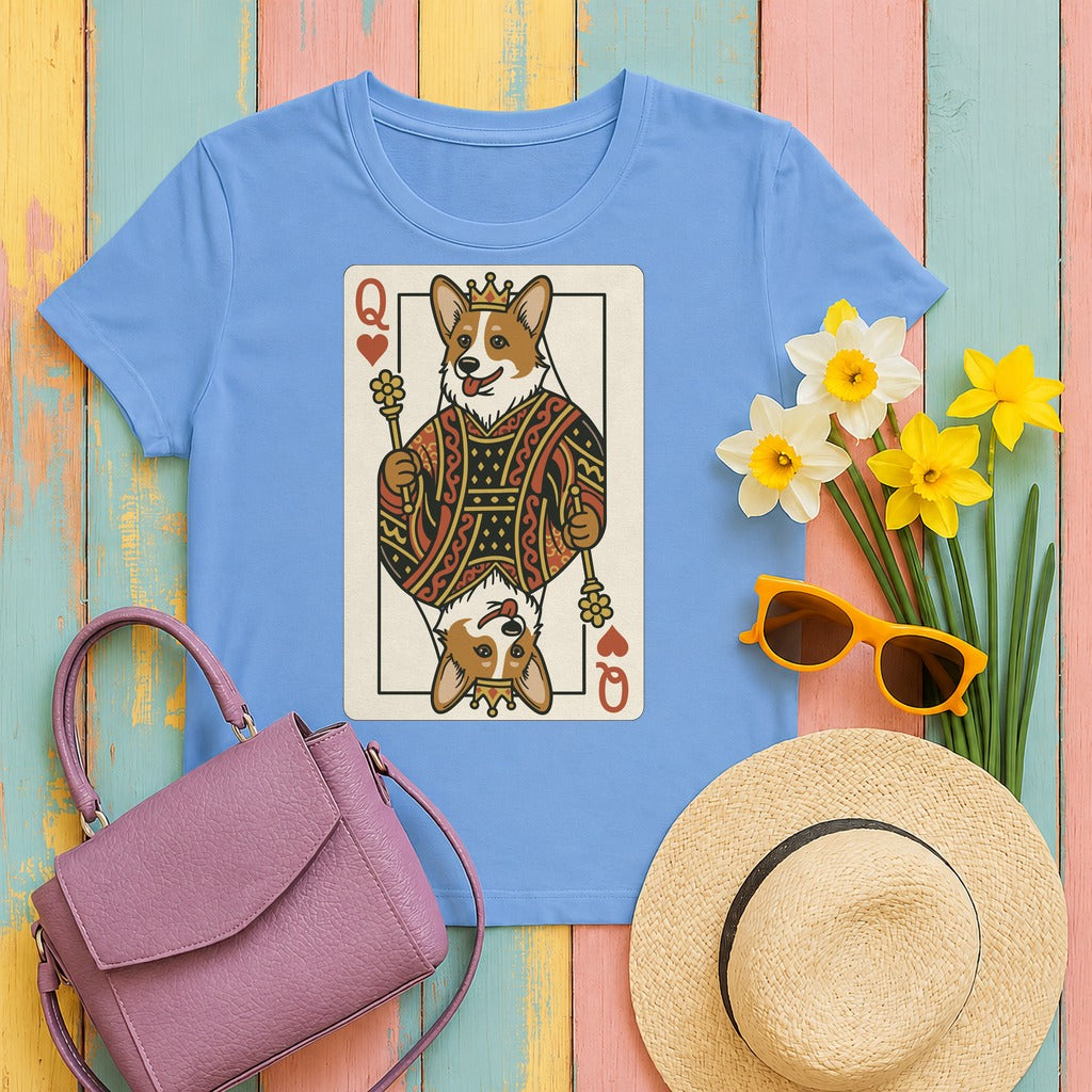 Corgi Queen Playing Card T-Shirt in Carolina Blue