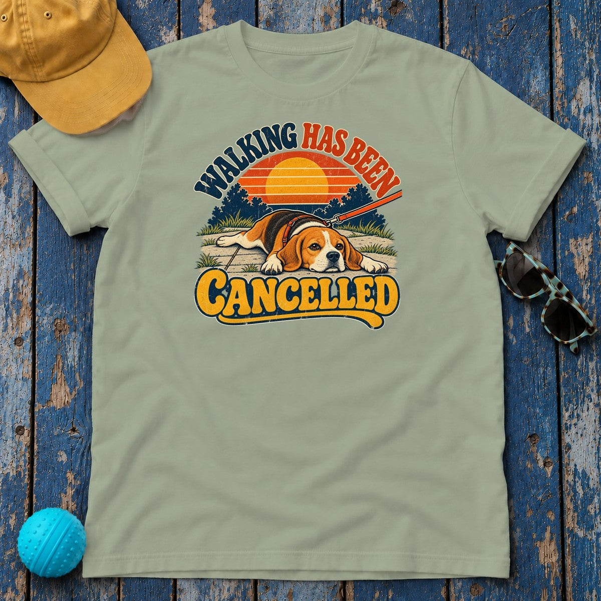 Walking Has Been Cancelled Beagle T-Shirt in Sage - flat lay