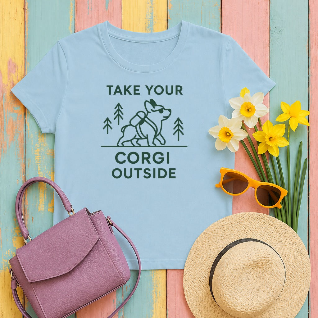 Take Your Corgi Outside Hiking Adventure Dog T-Shirt in Light Blue